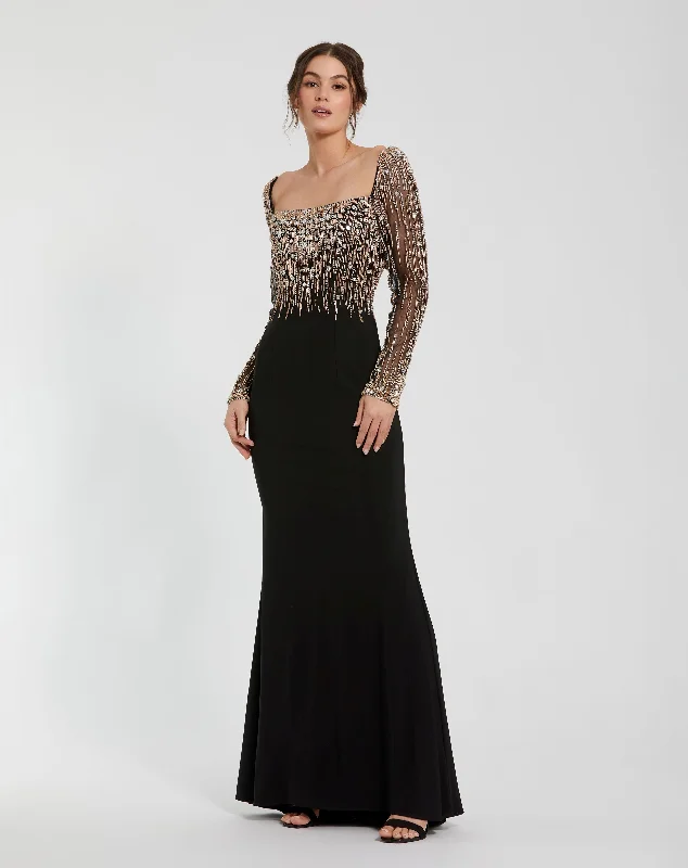 Beaded Square Neck Long Sleeve Jersey Gown