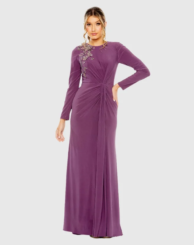 Jersey High Neck Long Sleeve Embellished Gown