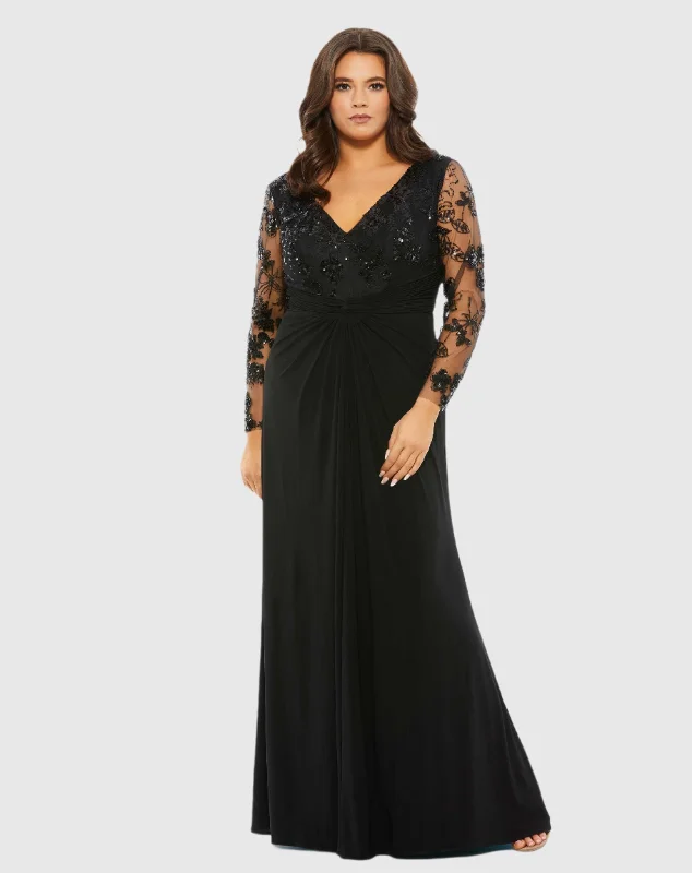 Front Twist Embellished Illusion Long Sleeve Gown (Plus)