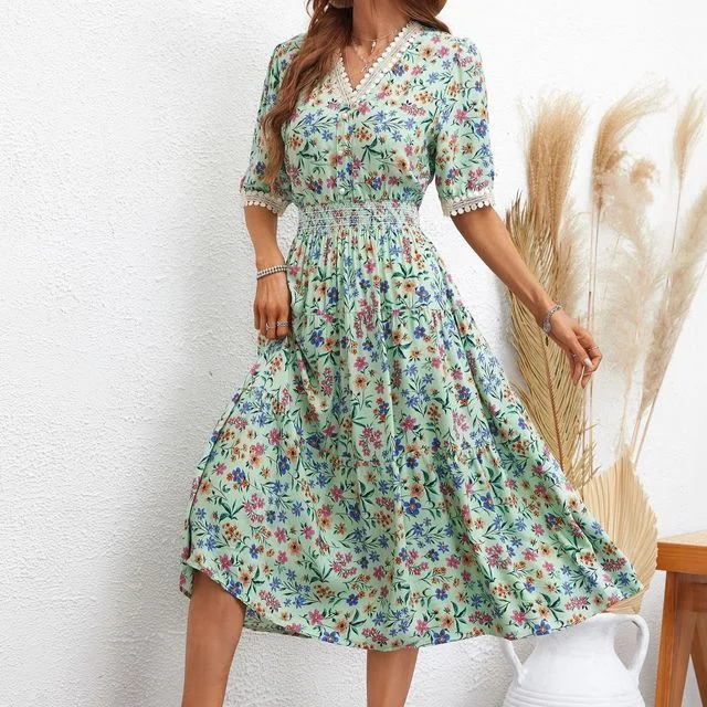 Short-Sleeve V-Neck Floral Midi A-Line Dress FR1061