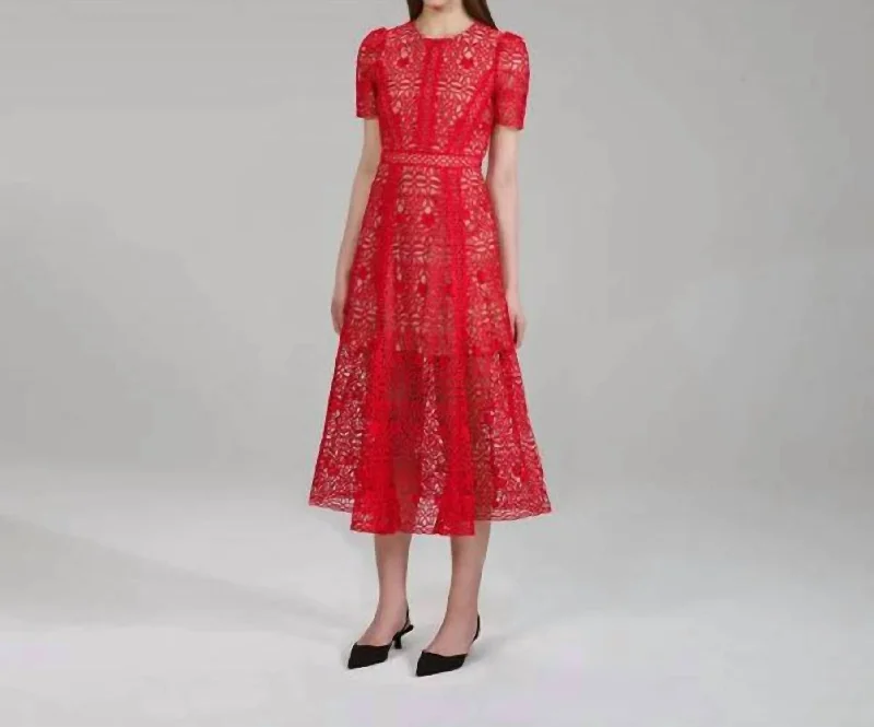 Guipure Lace Midi Dress In Red