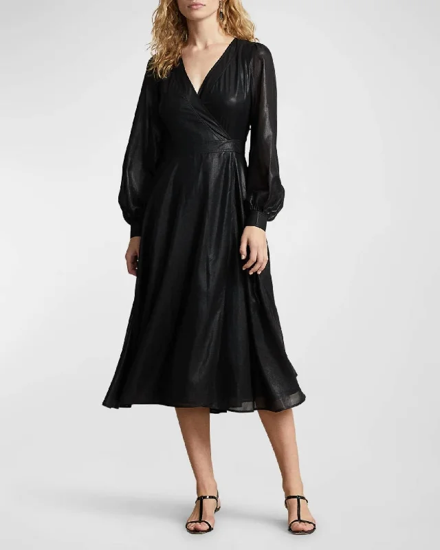 Lame Wrap Cocktail Midi Dress In Polo Black