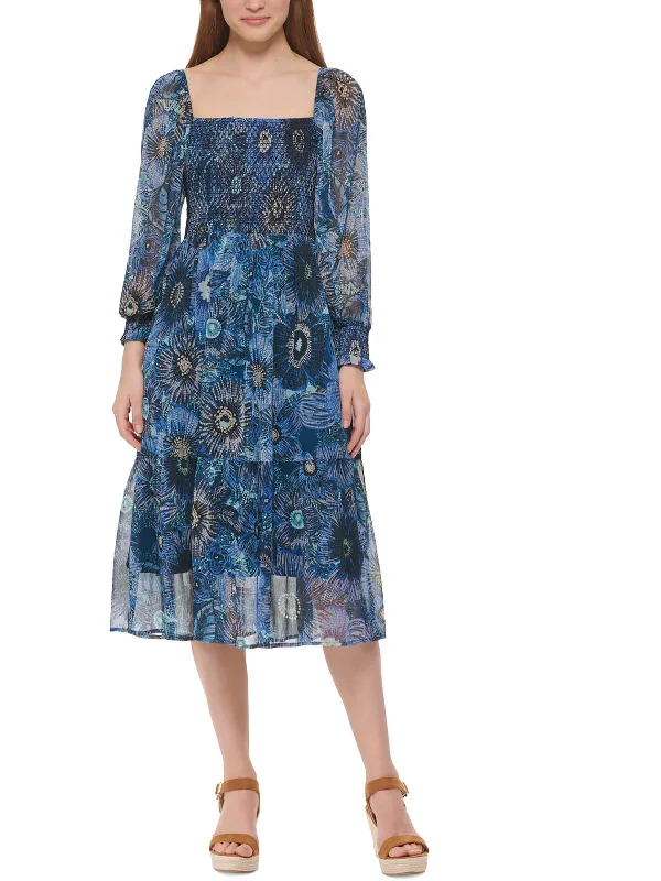 Petites Womens Smocked Print Midi Dress