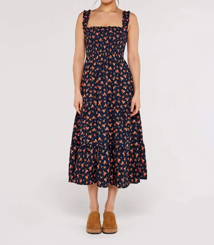 Rose Slub Midi Dress In Navy