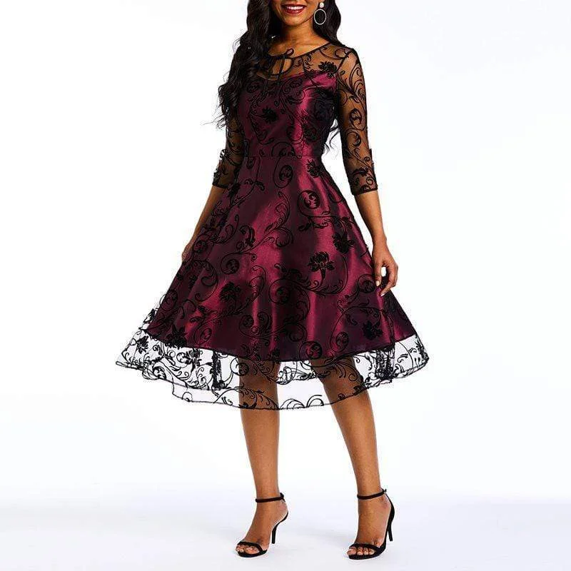 Vintage Women Lace Dress Elegant Three-Quarter Round Collar African Dresses Summer Office Lady A-Line Midi Daily Dress