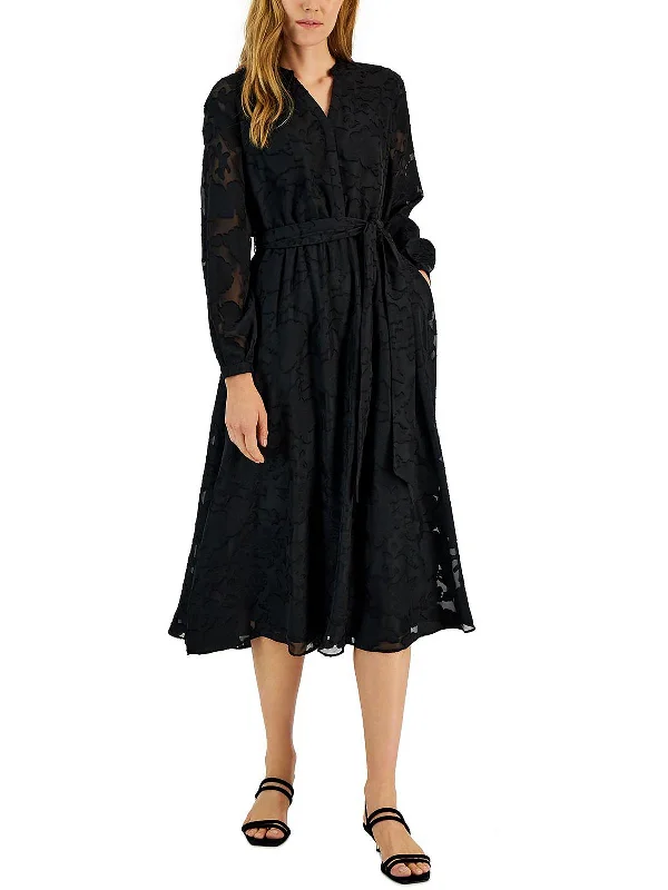 Womens Jacquard Belted Midi Dress