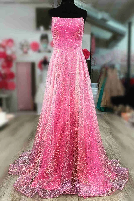 A-Line Strapless Hot Pink Sequins Long Prom Dress