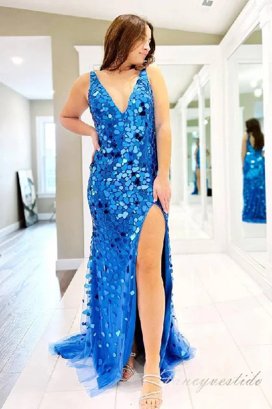 Blue V-Neck Mirror Sequin Mermaid Prom Dress with Slit