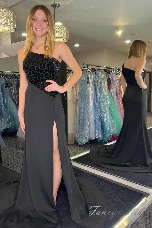 Black Mirror Sequin Slit Prom Dress with One Shoulder