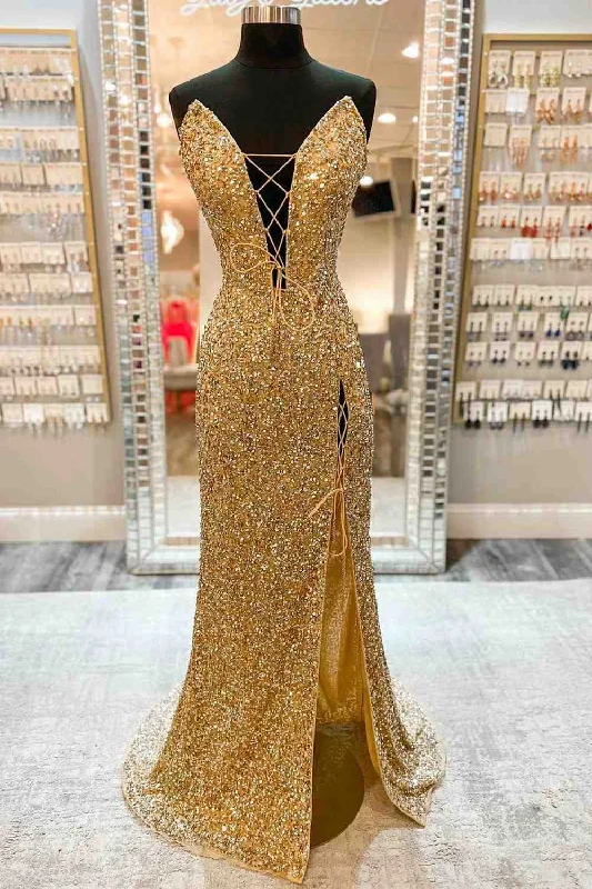 Gold V Neck Mermiad Sequins Lace-Up Front Slit Long Prom Dress