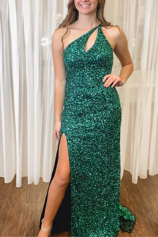 Green One Shoulder Sequin Mermaid Prom Dress with Slit