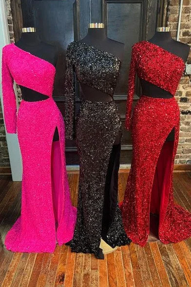 Long Sleeve Cut Out Sequined Long Prom Dress