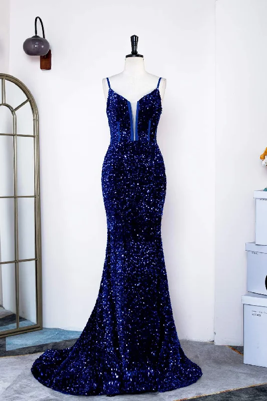 Mermaid Royal Blue Straps Sequin Long Prom Dress