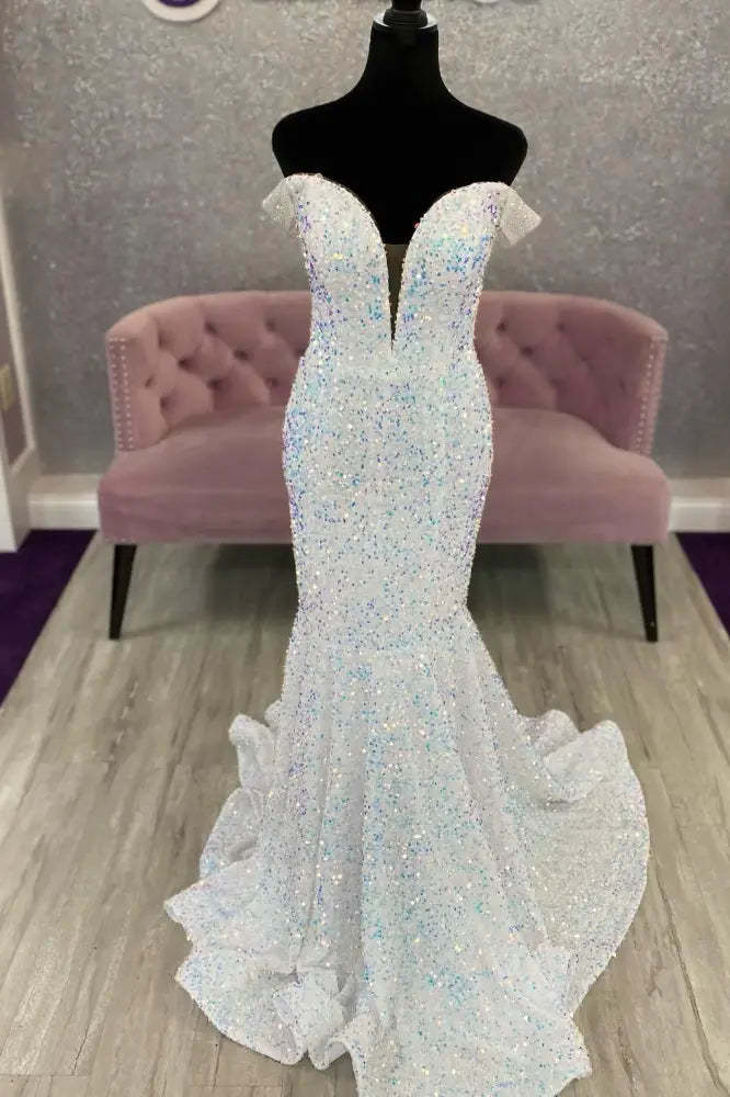 Plunging Neck White Sequin Mermaid Prom Dress