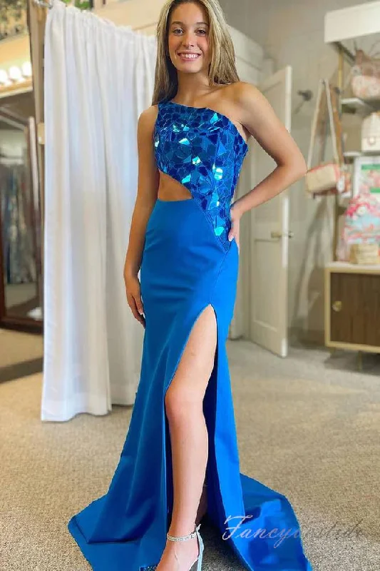 Royal Blue Sequin Cutout Mermaid Slit Prom Dress with One Shoulder