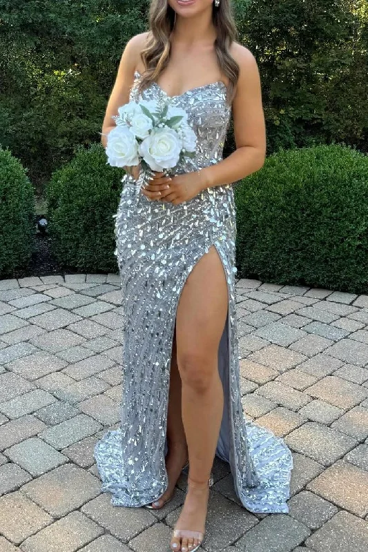 Silver Sweetheart Sequin Mermaid Prom Dress with Slit