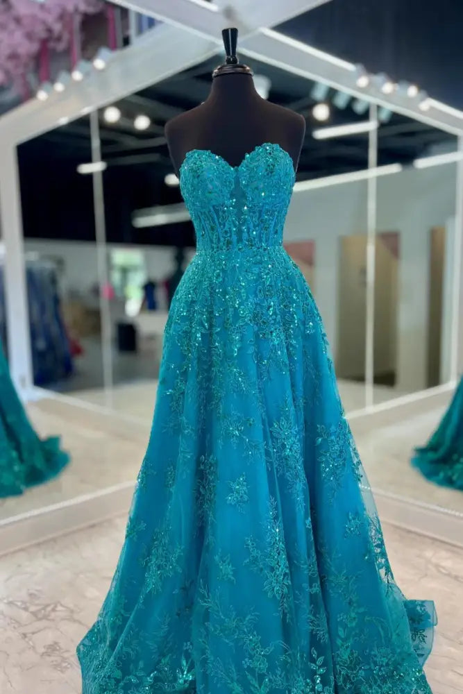 Strapless Blue Applique Sequin A-Line Prom Dress