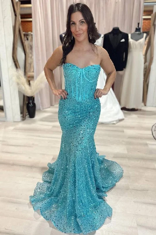 Strapless Blue Sequin Long Mermaid Prom Dress