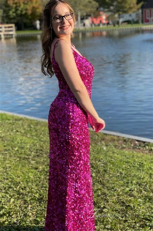 Straps Hot Pink Sequin Mermaid Prom Dress with Slit