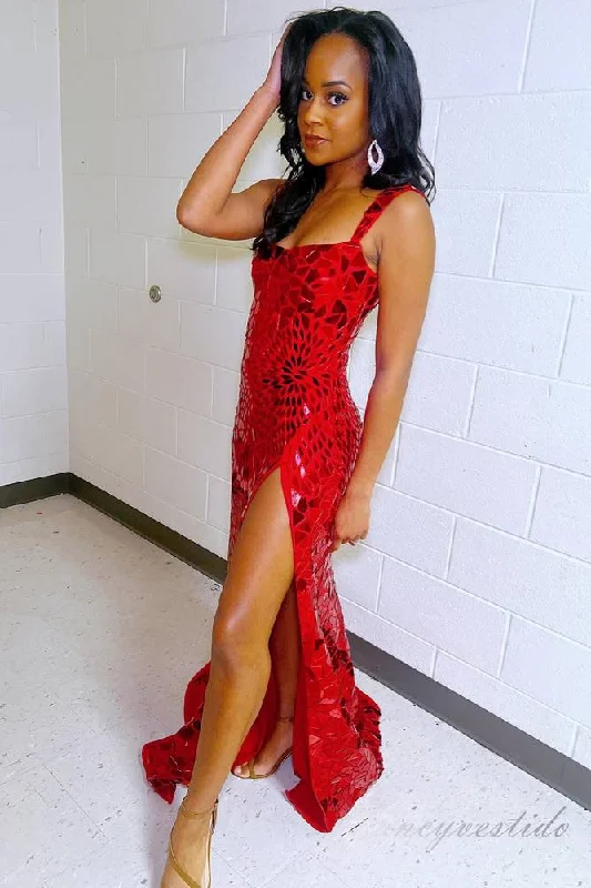 Straps Red Mirror Sequin Mermaid Prom Dress with Slit