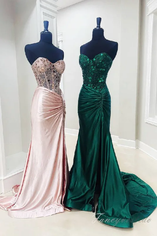 Sweetheart Green Mirror Sequin Mermaid Prom Dress with Slit