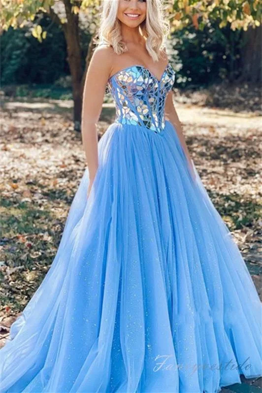 Sweetheart Sky Blue Mirror Sequin A-Line Prom Dress