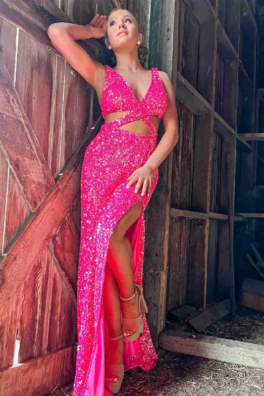 V-Neck Hot Pink Sequined Prom Dress with Slit