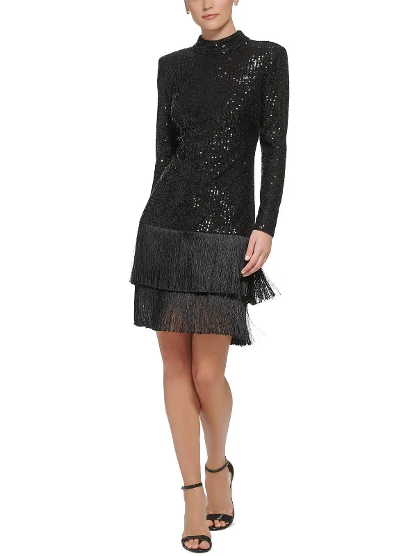 Womens Fringe Sequined Sheath Dress